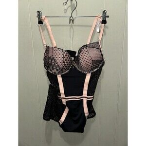 DAISY FUENTES Sexy Lingerie Black and Pink Push Up Lace Teddy Size Large